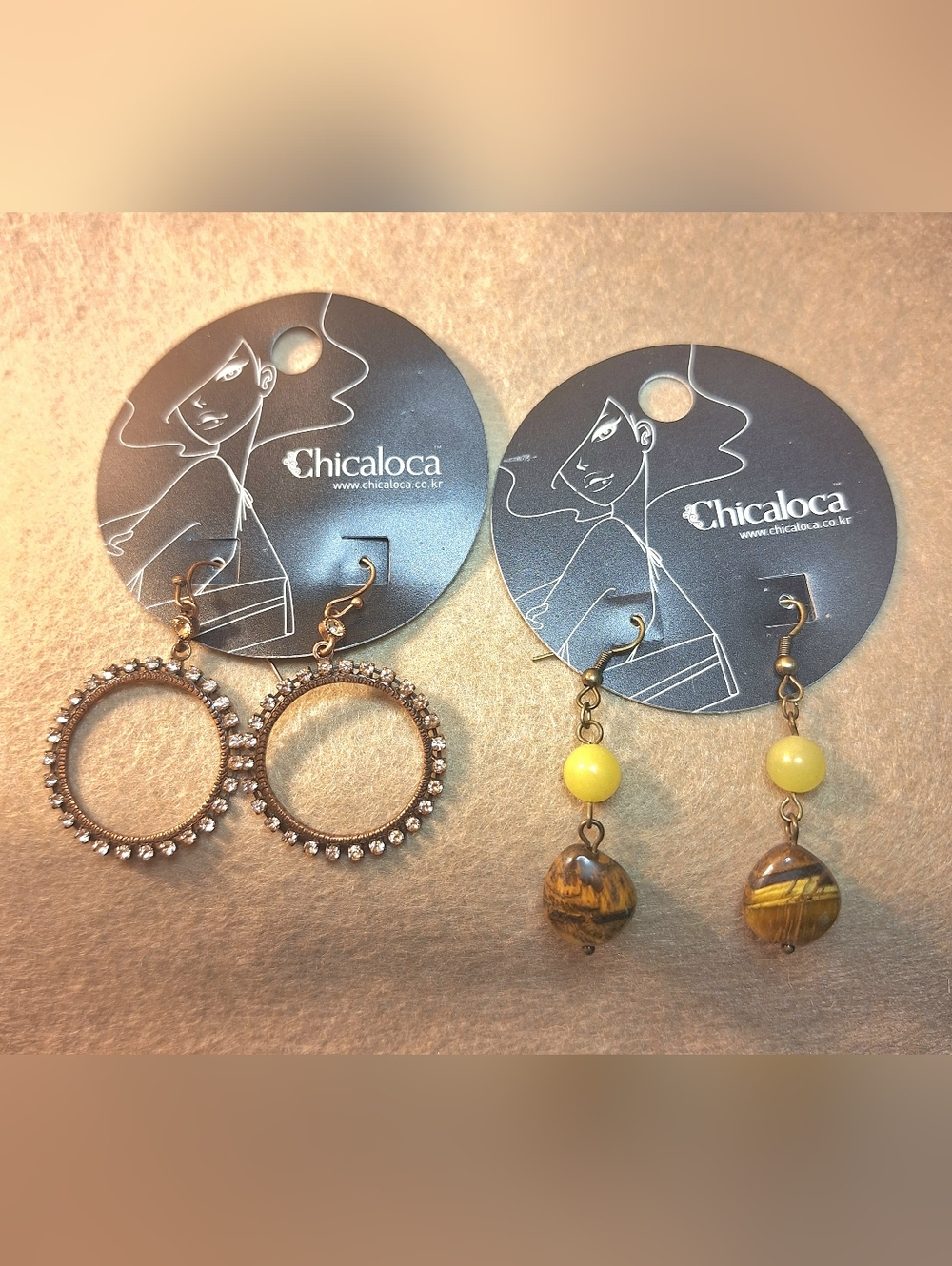 Hoop /Dangle Earrings Rosey & Bronze Metal Rhinestone & Bead Drop Set Of 2
